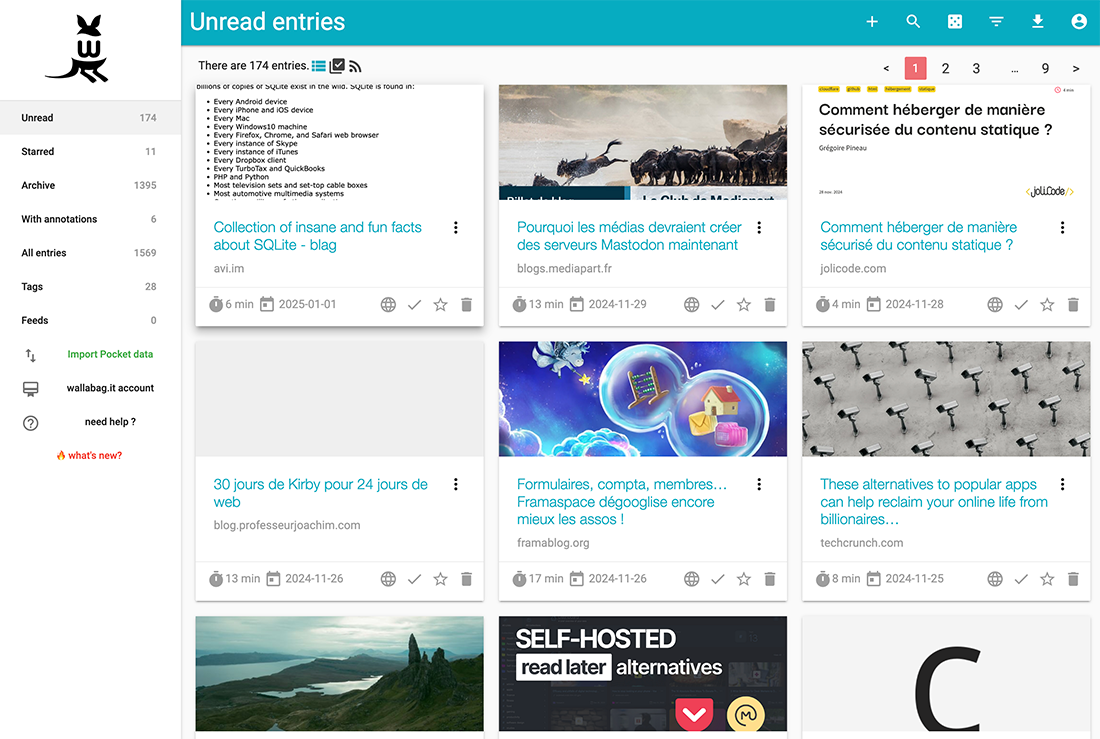 Homepage of wallabag.it service